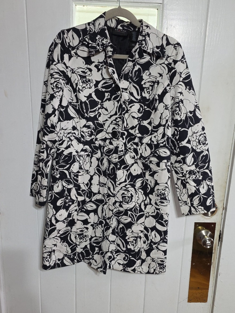 Axcess Women's Knee Length Trench Coat Black/White Buttons Pockets Cotton  Sz 6